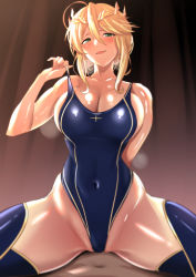 1boy 1girl absurdres ahoge artoria_pendragon_(fate) artoria_pendragon_(lancer)_(fate) bare_shoulders blonde_hair blue_one-piece_swimsuit blue_thighhighs blush braid breasts commentary commentary_request competition_swimsuit covered_navel cowboy_shot crown fate/grand_order fate_(series) french_braid green_eyes hair_between_eyes highleg highleg_swimsuit highres large_breasts looking_at_viewer one-piece_swimsuit open_mouth shiny_skin sidelocks sitting sitting_on_person solo_focus spread_legs strap_pull swept_bangs swimsuit thighhighs thighs ulrich_(tagaragakuin) wide_hips rating:Questionable score:123 user:danbooru
