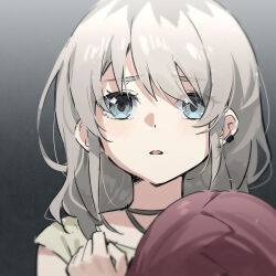 2girls blue_eyes blush commentary earclip girls_band_cry gradient_background grey_background grey_hair hand_on_another&#039;s_chest highres iseri_nina kawaragi_momoka long_hair looking_at_viewer multiple_girls parted_lips red_hair shao_(shaorouhong) upper_body 