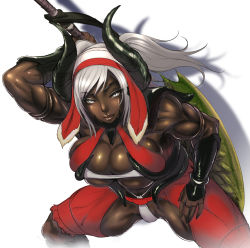  1girl armor bent_over breasts capcom chinbotsu cleavage curvy dark-skinned_female dark_skin dober_(armor) grey_eyes hip_focus horns huge_breasts huge_weapon large_breasts leaning_forward lips looking_at_viewer monster_hunter monster_hunter_(series) monster_hunter_3 muscular muscular_female shadow smile solo sword thick_thighs thighs twintails weapon white_hair wide_hips  rating:Questionable score:80 user:i_am_gundam