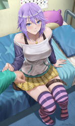 1boy 1girl bed bed_sheet bedroom blue_eyes blush breasts candy clothes_grab collarbone food food_in_mouth hair_between_eyes highres indoors jewelry large_breasts lollipop long_sleeves looking_at_viewer necklace off-shoulder_shirt off_shoulder on_bed pillow pleated_skirt purple_hair rosario+vampire shirayuki_mizore shirt short_hair silvertsuki sitting skirt sleeve_grab smile solo_focus striped_clothes striped_thighhighs thigh_strap thighhighs yellow_skirt rating:Sensitive score:144 user:danbooru