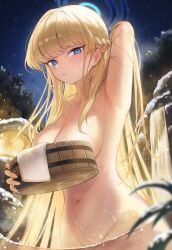  1girl absurdres arm_up armpits bathing blonde_hair blue_archive blue_eyes blue_halo blurry blush braid breasts bucket closed_mouth completely_nude covering_breasts covering_privates depth_of_field groin halo highres holding holding_bucket looking_at_viewer medium_breasts multicolored_hair nanimonine9 navel night night_sky nude onsen sky solo stomach streaked_hair toki_(blue_archive) towel wading water waterfall wet wooden_bucket 