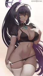  1girl ahoge bikini black_bikini black_hair blue_archive breasts cleavage_cutout clothing_cutout commentary cowboy_shot gloves half_gloves hand_on_own_chest highres hioyami karin_(blue_archive) large_breasts long_hair maid_headdress navel ponytail puffy_short_sleeves puffy_sleeves short_sleeves shrug_(clothing) solo standing stomach swimsuit thighhighs thighs very_long_hair white_gloves white_thighhighs yellow_eyes  rating:Questionable score:26 user:danbooru