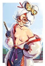  1girl absurdres breasts glasses gloves hair_bun highres jacket light_smile looking_at_viewer milkyrack nintendo nipples off_shoulder open_clothes open_jacket purah red_eyes small_breasts the_legend_of_zelda the_legend_of_zelda:_tears_of_the_kingdom white_hair  rating:Questionable score:135 user:danbooru