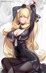  1girl :o arms_up artist_name black_coat black_pants black_shirt blonde_hair breasts chinese_commentary cleavage coat creatures_(company) crossed_legs cynthia_(pokemon) fur-trimmed_coat fur-trimmed_sleeves fur_collar fur_trim game_freak grey_eyes hair_over_one_eye highres holding holding_poke_ball hong_(white_spider) large_breasts long_hair long_sleeves looking_at_viewer nintendo pants parted_lips patreon_username poke_ball poke_ball_(basic) pokemon pokemon_dppt shirt sitting solo taut_clothes taut_pants taut_shirt thighs variant_set very_long_hair zoom_layer  rating:Sensitive score:9 user:danbooru