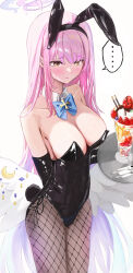  ... 1girl :o absurdres alternate_costume alternate_hairstyle animal_ear_hairband animal_ears arm_behind_back bare_shoulders black_gloves black_leotard black_pantyhose blue_archive blue_bow blue_bowtie blush bow bowtie breasts cleavage collarbone dana_(hapong07) detached_collar elbow_gloves fake_animal_ears fake_tail feathered_wings fishnet_pantyhose fishnets gloves hairband halo highres holding holding_tray large_breasts leotard long_hair looking_ahead mika_(blue_archive) pantyhose parfait rabbit_ear_hairband rabbit_ears rabbit_tail simple_background solo spoken_ellipsis straight_hair strapless strapless_leotard sweatdrop tail tray very_long_hair white_background white_wings wings yellow_eyes 