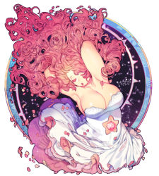      1girl armpits arms_behind_head arms_up breasts cartoon_network cleavage constellation closed_eyes parted_lips petals pigeon666 pink_hair rose_quartz_universe solo star_(sky) steven_universe upper_body very_long_hair white_dress  rating:Sensitive score:6 user:dmysta3000