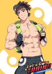  1boy abs backpack bag bara black_pants brown_hair closed_mouth creatures_(company) english_text game_freak highres large_pectorals male_focus male_protagonist_(pokemon_go) mazjojo muscular muscular_male navel nintendo nipples pants pectorals pokemon pokemon_go smile solo topless_male 