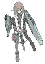  1girl bad_id bad_pixiv_id bow_(weapon) breasts brown_eyes brown_hair crossbow flat_chest hair_between_eyes headband headgear holding holding_crossbow holding_weapon japanese_clothes kantai_collection long_sleeves pleated_skirt saitou_masatsugu short_hair simple_background skirt small_breasts solo taihou_(kancolle) thighhighs weapon white_background 
