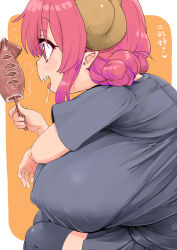  1girl absurdres black_shirt black_skirt black_thighhighs breast_press breast_rest breasts covered_erect_nipples double_bun dragon_horns drooling eating food gradient_hair hair_bun highres holding holding_food horns huge_breasts ilulu_(maidragon) kntrs_(knyrs) kobayashi-san_chi_no_maidragon looking_to_the_side multicolored_hair open_mouth pink_eyes pink_hair pointy_ears profile purple_hair sharp_teeth shirt short_sleeves shortstack signature skirt solo suggestive_food takoyaki teeth thighhighs thighs  rating:Questionable score:104 user:danbooru