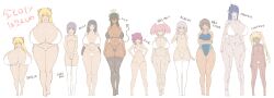 6+girls aqua_eyes bikini black_hair blonde_hair blue_eyes breast_comparison breasts brown_hair character_name competition_swimsuit crossed_arms dark-skinned_female dark_skin english_text feet flat_chest full_body gigantic_breasts glasses halo hands_on_own_hips horns huge_breasts katsuki_yousuke large_breasts long_hair mecha medium_breasts micro_bikini model_sheet multiple_girls navel one-piece_swimsuit original pale_skin pink_hair pubic_tattoo purple_hair red_eyes red_hair robot short_hair size_comparison swimsuit tail tattoo thighhighs twintails white_background