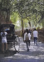  bamboo bamboo_forest carriage day forest highres nature no_humans original painting_(medium) plant rickshaw scenery shadow sunlight traditional_media watanabe_masato watercolor_(medium) 