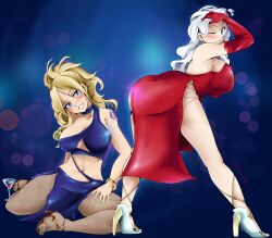  2girls absurdres alcohol ass blonde_hair blush breasts cleavage detached_sleeves dress drink fairy_tail fancy_dress flatpancakesjim hand_on_own_hip hand_through_hair high_heels highres jenny_realight large_breasts legs_apart long_dress long_hair looking_at_viewer mirajane_strauss multiple_girls open_shoes pantyhose revealing_clothes sitting white_hair 
