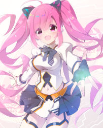  1girl breasts ex_takehito fingerless_gloves gloves headset highres large_breasts long_hair navel pink_eyes pink_hair pleated_skirt rasis skirt smile sound_voltex sound_voltex_ii_infinite_infection sound_voltex_iii_gravity_wars thighhighs twintails white_thighhighs 