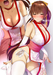 1girl bare_shoulders blunt_bangs blush bow breasts bridal_gauntlets brown_eyes brown_hair choker cleavage collarbone commentary_request covered_erect_nipples covered_penetration cowboy_shot dead_or_alive elbow_gloves from_above from_side gloves hair_bow hair_ribbon half-closed_eyes heavy_breathing kasumi_(doa) kneeling large_breasts lifting_own_clothes lips long_hair multiple_views nose_blush obi open_mouth panties pelvic_curtain pija_(pianiishimo) pink_lips ponytail red_choker ribbon sash side-tie_panties sitting skindentation solo_focus spread_legs thighhighs thighs tongue underwear white_thighhighs yellow_ribbon rating:Questionable score:158 user:danbooru