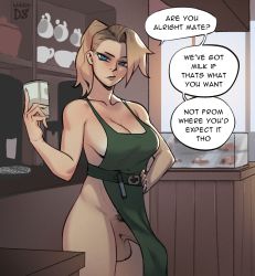  1futa apron barista blonde_hair blue_eyes breasts bulge cafe cleavage clothes_lift cup english_text erection erection_under_clothes female_pubic_hair futanari green_apron hand_on_own_hip hidden:d8 hiddend8 highres holding holding_cup iced_latte_with_breast_milk_(meme) looking_at_viewer medium_breasts meme naked_apron no_bra no_panties original pelvic_curtain pelvic_curtain_lift penis penis_peek ponytail pubic_hair solo speech_bubble standing table testicles  rating:Explicit score:261 user:danbooru