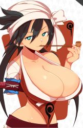  1arm 1girl amputee bandages black_hair bleach breasts cleavage green_eyes headwrap huge_breasts jellcaps katana large_breasts long_hair looking_at_viewer midriff smoking_pipe red_top shiba_kuukaku smile smirk smoking solo_focus sword weapon  rating:Questionable score:67 user:siranthony214