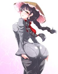 1girl arched_back ass ass_support back black_hair braid breasts brown_eyes covered_erect_nipples dress earlobes hat huge_ass long_earlobes long_hair looking_at_viewer pandain pantylines solo touhou twin_braids wide_hips yatadera_narumi rating:Questionable score:50 user:danbooru