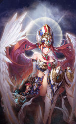  1girl absurdres angel_wings armor blue_eyes blush breasts brown_hair c_home character_request cleavage copyright_request earrings highres jewelry large_breasts long_hair looking_at_viewer smile solo twintails wings  rating:Sensitive score:9 user:danbooru