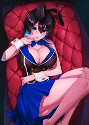  1girl absurdres aduti_momoyama animal_ears arm_across_waist ass bare_shoulders barefoot black_hair black_vest blue_bow blue_bowtie blue_collar blue_eyes blue_hair bow bowtie breasts bunny_garden buttons cleavage collar colored_inner_hair couch double-breasted fake_animal_ears from_above hair_between_eyes highres large_breasts legs looking_at_viewer lying miniskirt miuka_(bunny_garden) multicolored_hair on_back parted_lips pink_nails pleated_skirt plunging_neckline short_hair skirt solo two-tone_hair vest wrist_cuffs 