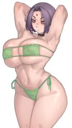  1girl :o absurdres alternate_breast_size armpits arms_behind_head arms_up bare_shoulders bikini breasts collarbone commentary curvy dc_comics english_commentary eyepatch_bikini forehead_jewel green_bikini grey_hair highres kelvin_hiu large_breasts looking_down navel parted_bangs parted_lips pink_eyes raven_(dc) short_hair side-tie_bikini_bottom simple_background solo standing stomach swimsuit teen_titans wet white_background  rating:Questionable score:83 user:danbooru