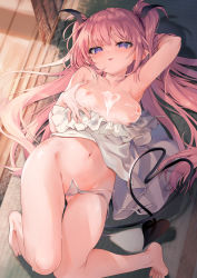 1girl arm_up armpits bare_legs bare_shoulders barefoot blush breasts cameltoe clothes_lift clothes_pull collarbone cum cum_on_body cum_on_breasts cum_on_upper_body demon_girl demon_tail dress dress_lift dress_pull feet frilled_dress frills grabbing_own_breast groin highres indoors kedama_milk lactation long_hair looking_at_viewer loose_panties lying navel nipples no_bra on_back on_floor original panties parted_lips pink_hair pointy_ears purple_eyes sakyumama_(kedama_milk) see-through sidelocks small_breasts smile solo stomach sweat tail thong toes two_side_up underwear very_long_hair white_dress rating:Explicit score:192 user:danbooru