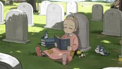  1boy 1girl aged_down ball bible_(object) bird blue_jay blue_jay_monk book broom brown_hair candy chicken closed_eyes commentary diva_(hyxpk) doberman dog dress english_commentary flower food grave graveyard grey_hair hair_ornament highres little_nuns_(diva) multiple_others pink_dress pink_footwear reading sitting star_(symbol) star_hair_ornament star_nun_(diva) star_print tennis_ball tombstone 