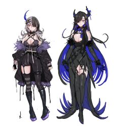  2girls asymmetrical_horns black_hair blue_hair boots breasts cleavage coat colored_inner_hair demon_horns fur-trimmed_coat fur_trim garter_straps hair_ornament hair_over_one_eye highres hololive hololive_english horns large_breasts leather leather_pants long_hair multicolored_hair multiple_girls nerissa_ravencroft pants platform_boots platform_footwear rugi_rugi shiori_novella simple_background split-color_hair tight_clothes tight_pants two-tone_hair very_long_hair virtual_youtuber white_background white_hair yellow_eyes 