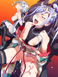 2boys 2girls akershus_fortress_(oshiro_project) arms_behind_back baidi_(oshiro_project) bar_censor bare_shoulders between_breasts black_bow black_corset black_footwear black_thighhighs blue_eyes blue_hair blush bodysuit boots bow braid breasts breasts_out censored clothes_between_breasts corset cum ejaculation gradient_background grey_hair hair_bow hair_ornament hetero highres japanese_clothes kejirami kimono medium_breasts motion_lines multiple_boys multiple_girls nipples one_eye_closed open_mouth oshiro_project:re ponytail pubic_hair pussy sex small_breasts spread_legs sweat thigh_boots thighhighs tongue torn torn_bodysuit torn_clothes white_bodysuit