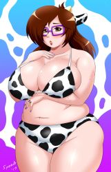  1girl animal_ears animal_print bikini breasts brown_eyes brown_hair cow_ears cow_horns cow_print freckles body_freckles freckles_on_breasts highres horns huge_breasts jewelry lipstick makeup nail_polish plump ring solo speeds swimsuit thick_thighs thighs wide_hips 
