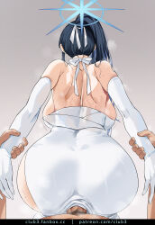 1boy 1girl ass back bare_shoulders black_hair blue_archive breasts choker clothed_sex club3 dress elbow_gloves gloves grey_background halo hetero highres large_breasts long_hair penis ponytail saori_(blue_archive) saori_(dress)_(blue_archive) sex sex_from_behind simple_background vaginal white_dress white_gloves  rating:Explicit score:105 user:buster2222