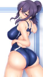 10s 1girl ass bare_shoulders blue_hair blush breasts competition_swimsuit covered_erect_nipples from_behind glasses hair_bun highres huge_ass large_breasts looking_at_viewer looking_back mouth_hold one-piece_swimsuit ponponmaru purple_eyes purple_hair senran_kagura shiny_clothes shiny_skin short_hair single_hair_bun solo rin_(senran_kagura) sweat swimsuit thighs wet wet_clothes whistle wide_hips rating:Questionable score:83 user:armorcrystal