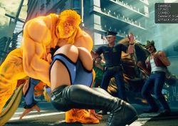  1girl 5boys alex ass battle bent_over blonde_hair boots building capcom cowboy_hat denim hat huge_ass knee_pads multiple_boys muscular outdoors pants rainbow_mika revealing_clothes road standing street street_fighter tagme twintails utility_pole vest 