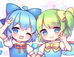  2girls ;d ahoge blue_dress blue_eyes blue_hair blue_vest blue_wings blush bow chibi cirno closed_mouth coa_(chroo_x) daiyousei detached_wings dress fairy_wings green_hair hair_bow heart heart_in_mouth ice ice_wings multiple_girls neck_ribbon one_eye_closed one_side_up open_mouth outline puffy_short_sleeves puffy_sleeves red_ribbon ribbon short_sleeves simple_background smile star_(symbol) starry_background touhou upper_body vest white_background white_outline wings yellow_bow 