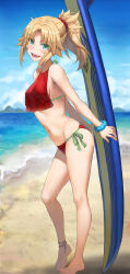  1girl anklet barefoot beach bikini blonde_hair blue_sky braid breasts cleavage clothes_around_waist collarbone fate/grand_order fate_(series) feet french_braid full_body green_eyes heel_up highres jacket jacket_around_waist jewelry legs long_hair looking_at_viewer mordred_(fate) mordred_(fate)_(all) mordred_(swimsuit_rider)_(fate) navel open_mouth outdoors parted_bangs ponytail red_bikini red_jacket revision shore sidelocks sky small_breasts smile solo surfboard swimsuit toenails toes tonee variant_set 