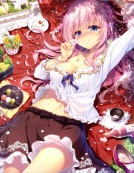 1girl absurdres arm_up artist_name bare_legs basket bento black_skirt blanket blue_eyes blue_ribbon blush bottle bracelet braid breasts cherry cherry_blossoms choko_(cup) chopsticks cleavage closed_mouth cocktail_pick collar collarbone cowboy_shot cup day dengeki_moeou dutch_angle egg fingernails flower food frilled_shirt frilled_skirt frilled_sleeves frills from_above fruit gem grass hair_ornament hair_ribbon hanami hand_up highres holding holding_flower jewelry kiwi_(fruit) kiwi_slice large_breasts leaf leg_up lens_flare lettuce light_particles light_rays long_hair long_sleeves looking_at_viewer lying mary_janes navel on_back onigiri open_clothes open_shirt orange_(fruit) original outdoors petals picnic picnic_basket pink_hair plate ribbon shadow shiny_skin shirt shoes unworn_shoes skirt smile solo strawberry suzushiro_atsushi thighs tomato toothpick wagashi white_shirt