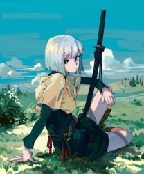  1girl absurdres arm_on_knee arm_support bchan1582 belt black_shirt black_skirt black_socks blue_eyes blue_sky blunt_ends bob_cut bush closed_mouth cloud day from_side grass highres katana knee_up kneehighs layered_sleeves light_smile long_sleeves looking_at_viewer looking_to_the_side original outdoors sheath sheathed shirt short_over_long_sleeves short_sleeves sitting skirt sky socks solo sword weapon white_hair yellow_shirt  rating:General score:8 user:danbooru