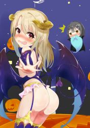 1girl arm_warmers ass bare_shoulders black_hair blush breasts brown_eyes cape costume demon_girl demon_horns demon_tail demon_wings embarrassed fate/kaleid_liner_prisma_illya fate_(series) garter_straps ghost halloween halloween_costume horns illyasviel_von_einzbern jack-o&#039;-lantern long_hair looking_at_viewer mini_person minigirl miyu_edelfelt multiple_girls open_mouth platinum_blonde_hair shiny_skin sideboob small_breasts surprised tail thighhighs thong wavy_mouth wings rating:Questionable score:23 user:armorcrystal