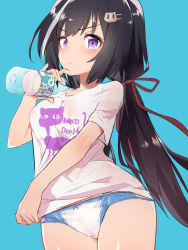 1girl black_hair blush bow bow_panties breasts caburi caburi_aki closed_mouth clothes_pull clothes_writing cowboy_shot female_focus hair_ribbon highres holding karyl_(princess_connect!) long_hair low_twintails multicolored_clothes multicolored_panties panties princess_connect! print_shirt red_ribbon ribbon shirt shirt_pull short_sleeves small_breasts solo twintails two-tone_panties underwear v-shaped_eyebrows white_panties white_shirt white_sleeves rating:Questionable score:62 user:Domestic_Importer