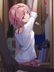  1girl 1other arm_at_side baseball_bat blazer blue_skirt blurry blurry_foreground bob_cut book bow bowtie bra_strap breasts brown_jacket closet commentary cowboy_shot danraz0r doki_doki_literature_club english_commentary frilled_skirt frills from_behind frown hair_intakes hair_ornament hair_ribbon handheld_game_console highres holding holding_baseball_bat indoors infowars jacket looking_at_viewer looking_back natsuki_(doki_doki_literature_club) newspaper off-shoulder_shirt off_shoulder parted_lips pink_eyes pink_hair pink_skirt playstation_portable pov pov_hands reaching red_bow red_bowtie red_ribbon ribbon school_uniform shirt short_hair short_sleeves single_bare_shoulder skirt small_breasts solo_focus standing swept_bangs threat two_side_up unhappy unworn_bowtie unworn_jacket unworn_shirt unworn_skirt v-shaped_eyebrows white_shirt x_hair_ornament 
