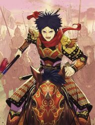  1boy armor black_hair chinese_armor flag fumikazu holding holding_weapon horse horseback_riding lower_teeth_only male_focus open_mouth original pants purple_eyes riding short_hair solo_focus spiked_hair sword teeth war weapon white_pants 