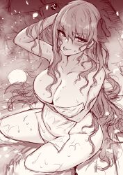  1girl arms_under_breasts bare_shoulders bb_(fate) bb_(fate/extra) blush breasts cleavage collarbone fate/grand_order fate_(series) greyscale hair_ribbon highres large_breasts long_hair looking_at_viewer m-da_s-tarou monochrome naked_towel nude pregnant red_ribbon ribbon sitting smile soaking_feet solo thighs tongue tongue_out towel water wet 