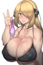 1girl aftersex areola_slip bikini bikini_top_only black_bikini blonde_hair blush breasts cleavage condom covered_erect_nipples creatures_(company) cum cynthia_(pokemon) dark_areolae game_freak hair_ornament hair_over_one_eye highres holding holding_condom huge_breasts lips long_hair looking_at_viewer natedecock nintendo pokemon pokemon_dppt smile solo strap_gap swimsuit toned underboob used_condom white_background yellow_eyes rating:Explicit score:81 user:jojosstand