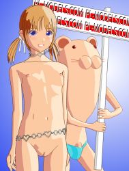  1girl belt blonde_hair blue_background blue_eyes blush breasts cleft_of_venus collar cowboy_shot creature gradient_background inverted_nipples loli low_twintails mole mole_under_eye navel nipples nude poporon_(henkumapoporon) pussy red_eyes short_hair short_twintails simple_background small_breasts smile standing thigh_gap thighs twintails uncensored watermark web_address 