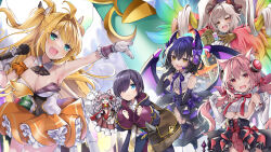  1boy 5girls :d ahoge animal_ear_fluff animal_ears armpits ather_(monmusu_td) bare_shoulders behind-the-head_headphones black_gloves black_hair blonde_hair blue_eyes blush breast_curtain breasts brown_eyes carrying_bag cleavage clenched_hands cloak demon_wings fang frilled_skirt frills gloves green_eyes hair_intakes hair_over_one_eye hair_ribbon headphones headset highres holding holding_microphone idol light_brown_hair long_hair looking_at_another low_twintails lupupu_(monmusu_td) master_(monmusu_td) medium_breasts microphone mini_person minigirl miniskirt monster_musume_td multiple_girls official_art one_eye_covered open_mouth pannier_(monmusu_td) pink_eyes pink_hair ribbon second-party_source showgirl_skirt skin_fang skirt smile spiked_wings tantalum_(monmusu_td) thick_eyebrows twintails two_side_up underboob vivi_vache_(monmusu_td) white_gloves white_wings wings 