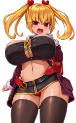  1girl backpack bag bandeau black_thighhighs blonde_hair blush breasts chiroshiron cleavage fang highleg highleg_panties highres jacket large_breasts microskirt midriff navel open_clothes open_jacket open_mouth oppai_loli original panties randoseru red_eyes red_panties short_hair_with_long_locks simple_background skin_fang skirt solo thighhighs twintails underwear v-shaped_eyebrows white_background zipper  rating:Questionable score:63 user:danbooru