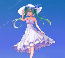  1girl bare_arms blue_background character_name dress floating_hair green_eyes green_hair hair_between_eyes hat hatsune_miku long_hair looking_at_viewer smile solo strapless strapless_dress sun_hat twintails vocaloid  rating:Sensitive score:4 user:rina_sosat)