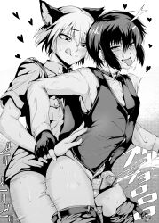  2boys absurdres ahegao anal animal_ears bar_censor black_hair blonde_hair blush cat_boy cat_ears censored clothes_pull delta_9 greyscale hellsing highres holding_another&#039;s_wrist monochrome multiple_boys pants pants_pull penis saliva schroedinger_(hellsing) sex sweat tongue tongue_out uniform walter_c._dornez yaoi 