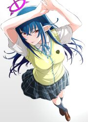  1girl absurdres arms_up blue_hair blush breasts full_body halo highres kakitama large_breasts long_hair looking_at_viewer original plaid plaid_skirt pleated_skirt pointy_ears red_eyes school_uniform serafuku shirt simple_background skirt smile socks solo vest white_shirt yellow_vest 