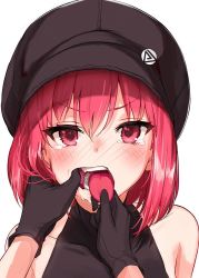 1girl ariaria_(netsuki) bad_id bad_twitter_id badge bare_shoulders black_gloves black_hat blush button_badge cabbie_hat collarbone gloves hat idolmaster looking_at_viewer miruto_netsuki mouth_pull nose_blush original pink_eyes pink_hair pov simple_background sleeveless solo_focus tearing_up tears teeth tongue tongue_grab tongue_out tsurime upper_body v-shaped_eyebrows white_background rating:Sensitive score:125 user:danbooru