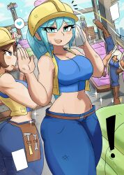  ! 2boys 4girls absurdres angry ass belt blue_eyes blue_hair blue_pants blue_shirt blue_shorts blush bodypaint boku_no_hero_academia boots breasts brown_belt brown_eyes brown_footwear character_request cleavage cloud collarbone construction_site construction_worker crossover dark_skin denim denim_shorts god_of_war green_hair hammer hamu_(tony_welt) hard_hat hat hatsune_miku heart helmet highres jeans jewelry kicking kratos_(god_of_war) large_breasts long_hair looking_at_viewer midriff mirko multiple_boys multiple_girls navel open_mouth original pants ponytail rabbit_ears rabbit_girl red_eyes ring shirt shorts sky smile sparkle speech_bubble spoken_heart tank_top teeth thick_thighs thighs tony_welt topless vest vocaloid waving white_hair wide_hips wiping_face wrench yellow_hat yellow_vest 